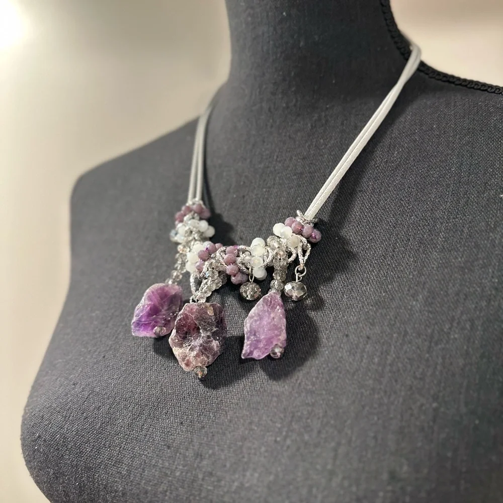 Chunky Raw Amethyst Necklace Three Large Pendants & Crystal Glass Round Beads